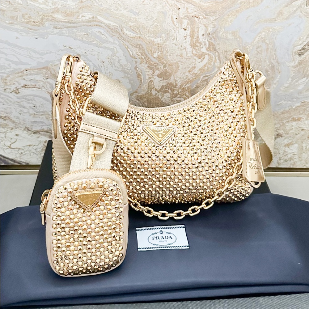 In Stores! Prada Crystal Embellished Metallic Re-Edition 2005 Gold Shoulder Bag - Picture 3 of 16